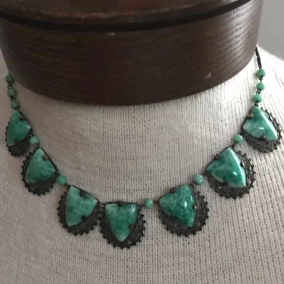 Vintage Necklace Green Czech Glass Faux Jade 1930 - Picture 9 of 11